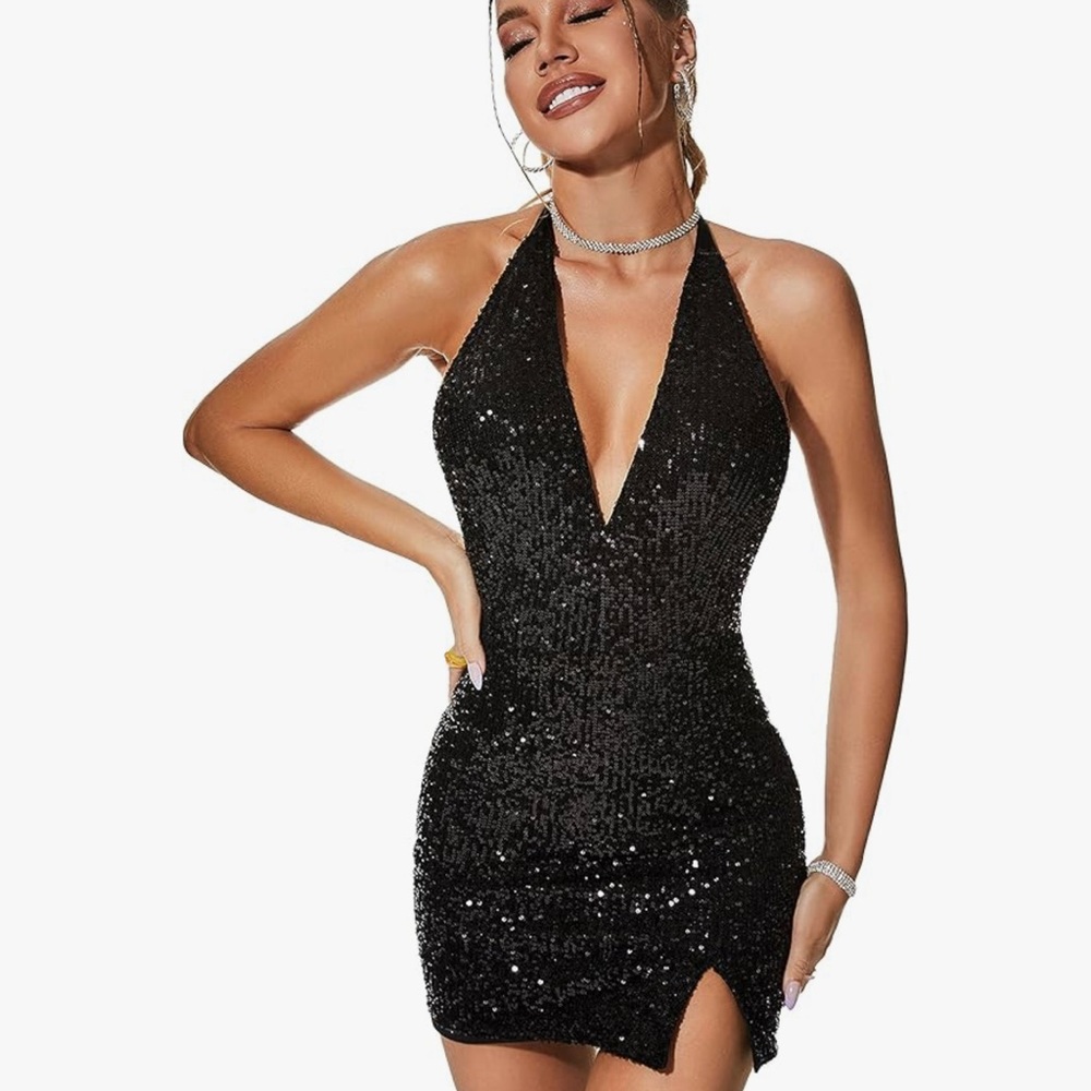 Black Sequin Halter Mini Dress Size Medium